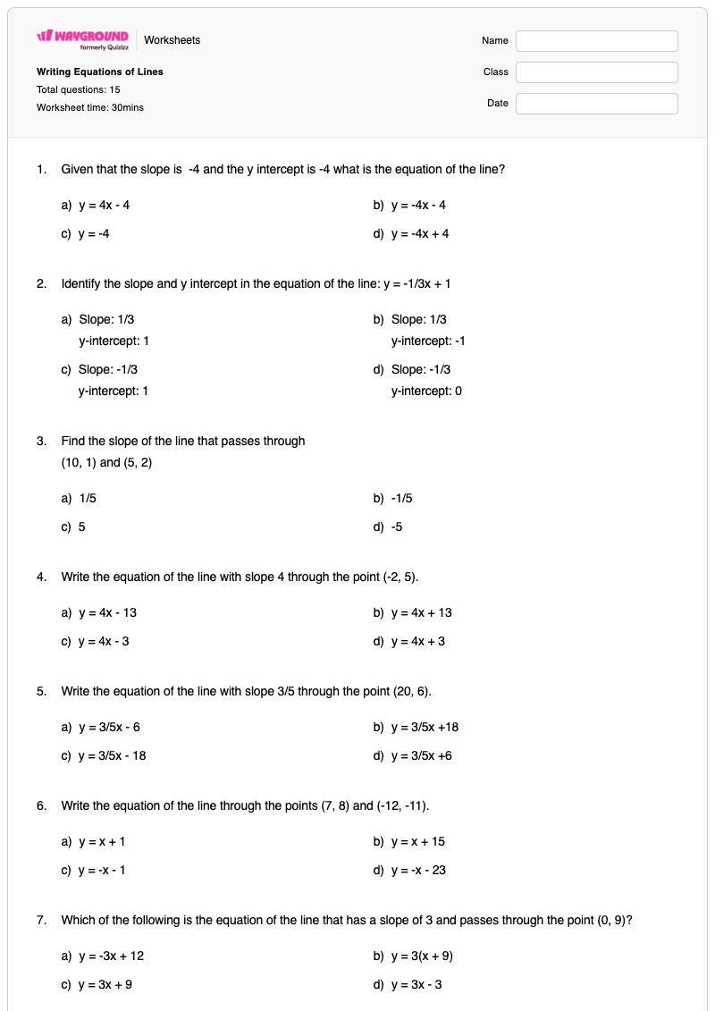 Writing Equations of Lines - Printable Equation-of-a-line Worksheets - Wayground