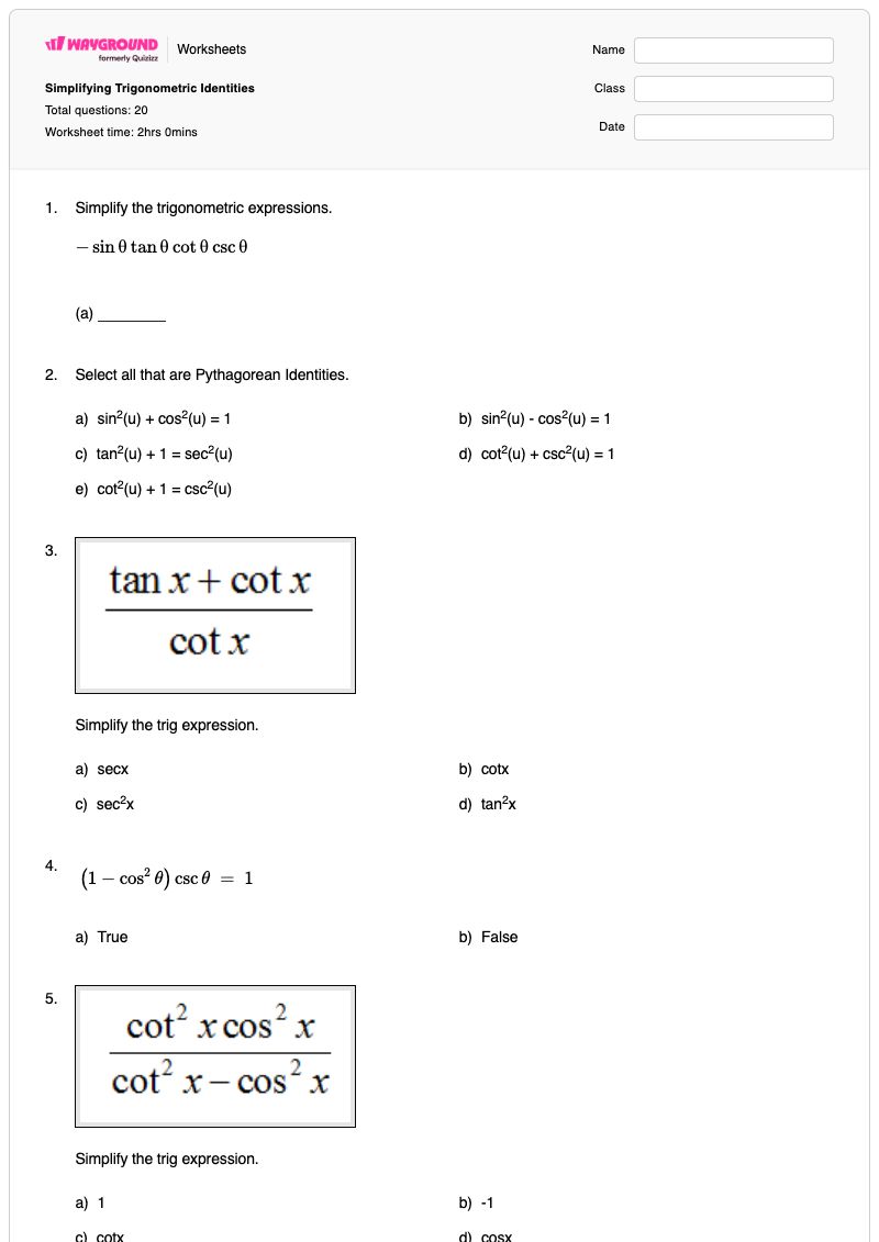 Simplifying Trigonometric Identities - พิมพ์ได้ เอกลักษณ์ตรีโกณมิติ เวิร์กชีท - Wayground