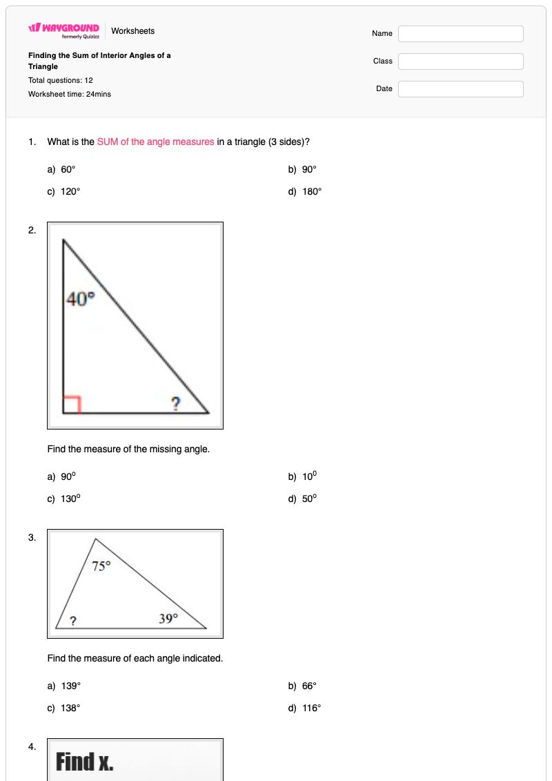 Finding the Sum of Interior Angles of a Triangle - Printable Angles Worksheets - Wayground