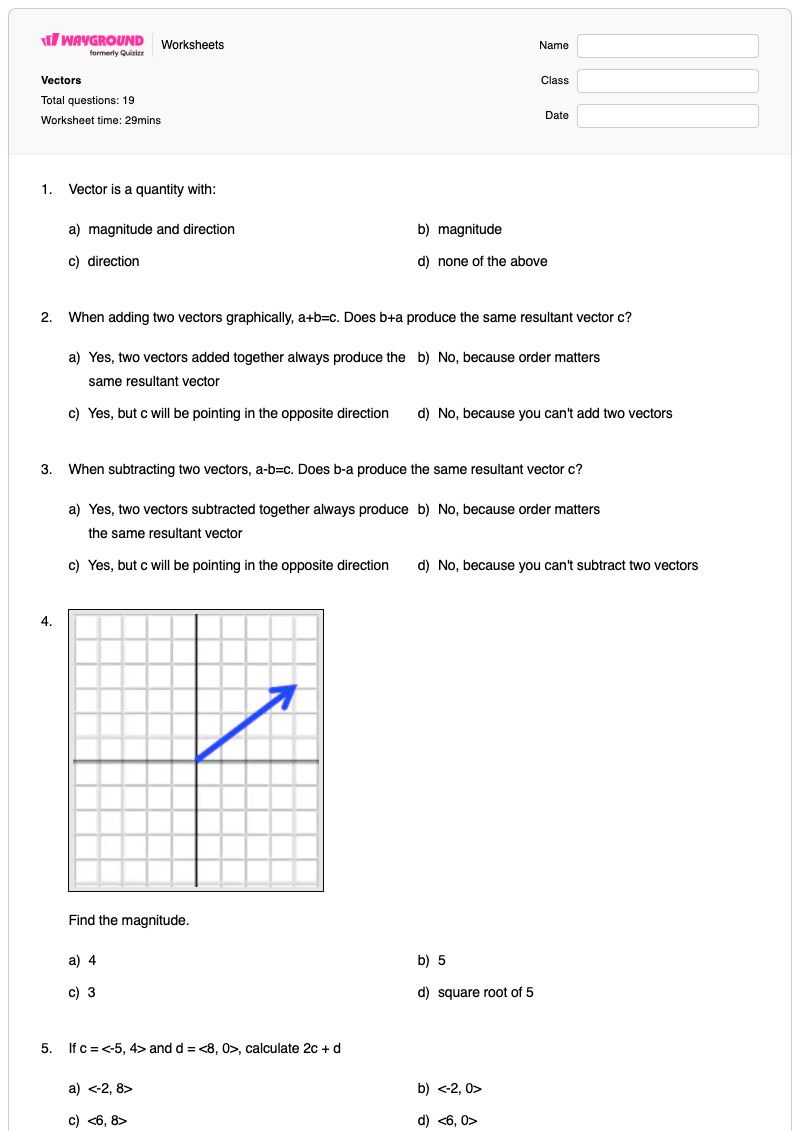 Vectors - พิมพ์ได้ Addition-and-subtraction เวิร์กชีท - Wayground