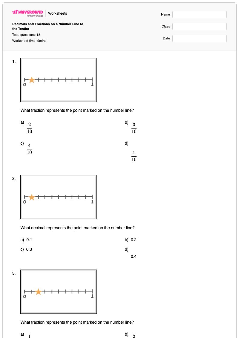 Decimals and Fractions on a Number Line to the Tenths - Printable Fractions-on-a-number-line Worksheets - Wayground