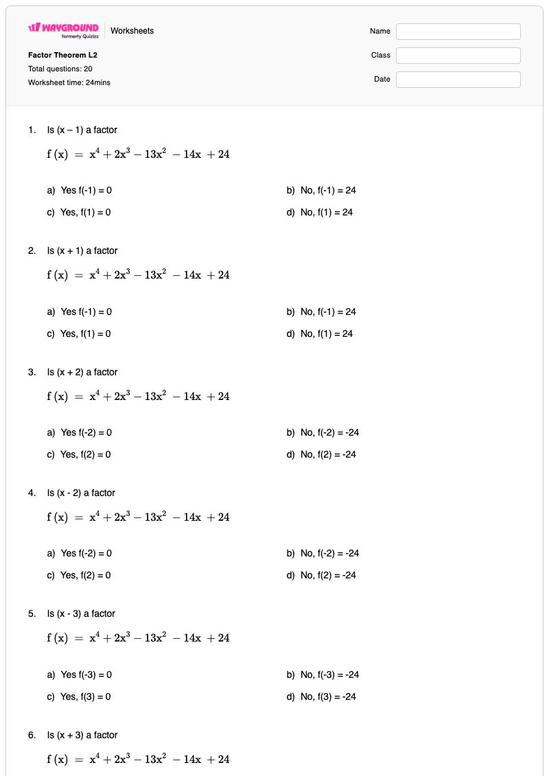 Factor Theorem L2 - Printable Division Worksheets - Wayground