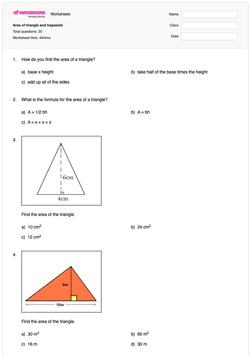 Area of triangle and trapezoid - Printable Area-of-a-trapezoid Worksheets - Wayground