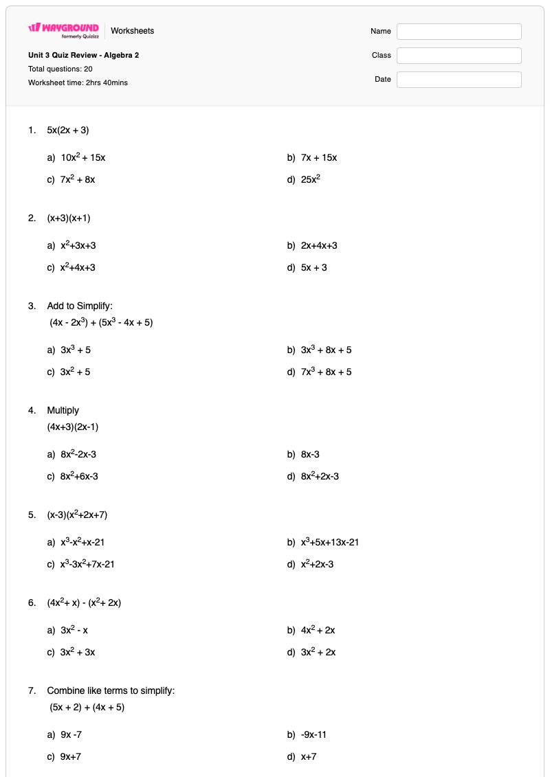Unit 3 Quiz Review - Algebra 2 - Printable Algebra-2 Worksheets - Wayground