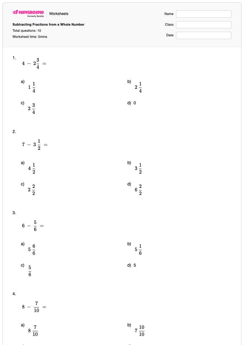 Subtracting Fractions from a Whole Number - Printable Subtracting-fractions Worksheets - Wayground