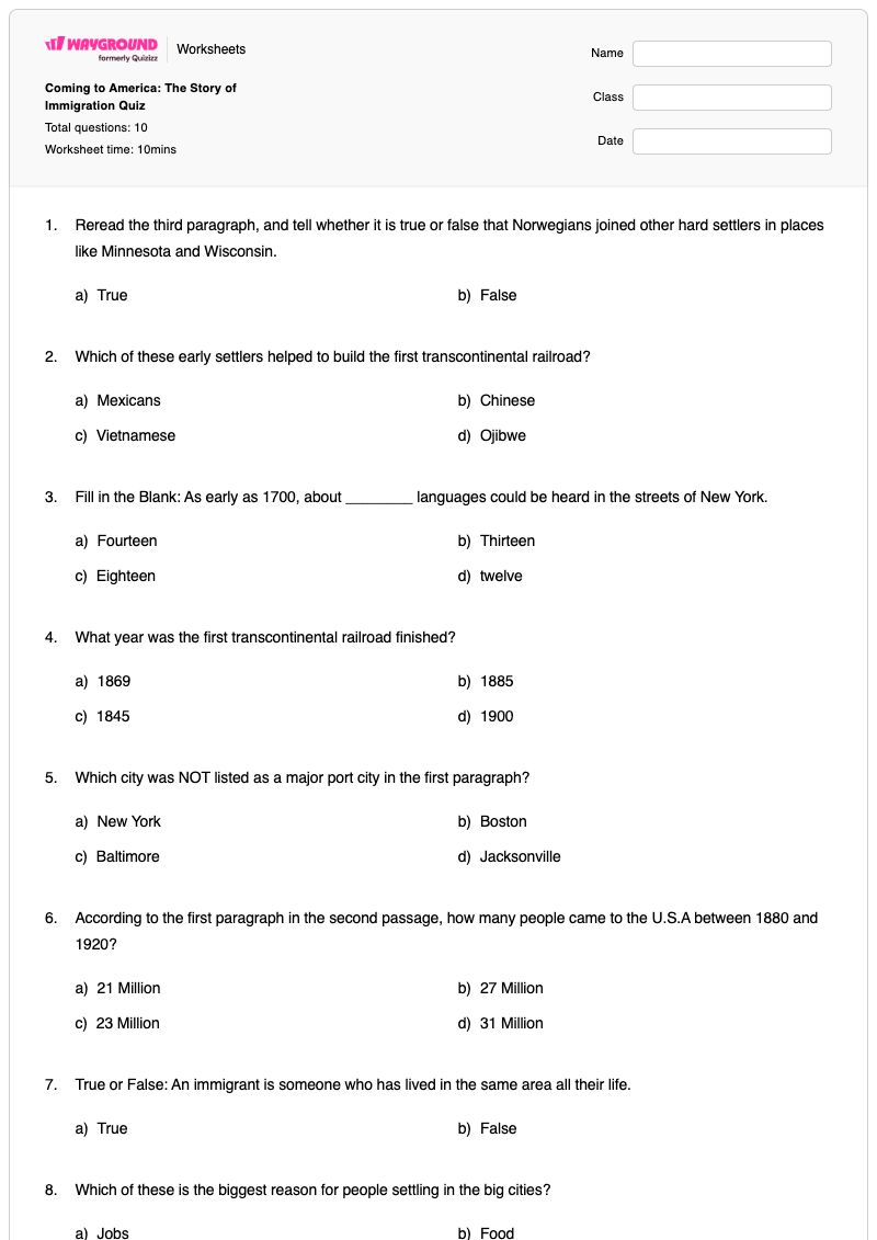 Coming to America: The Story of Immigration Quiz - พิมพ์ได้ Coping-strategies เวิร์กชีท ระดับ 1 - Wayground