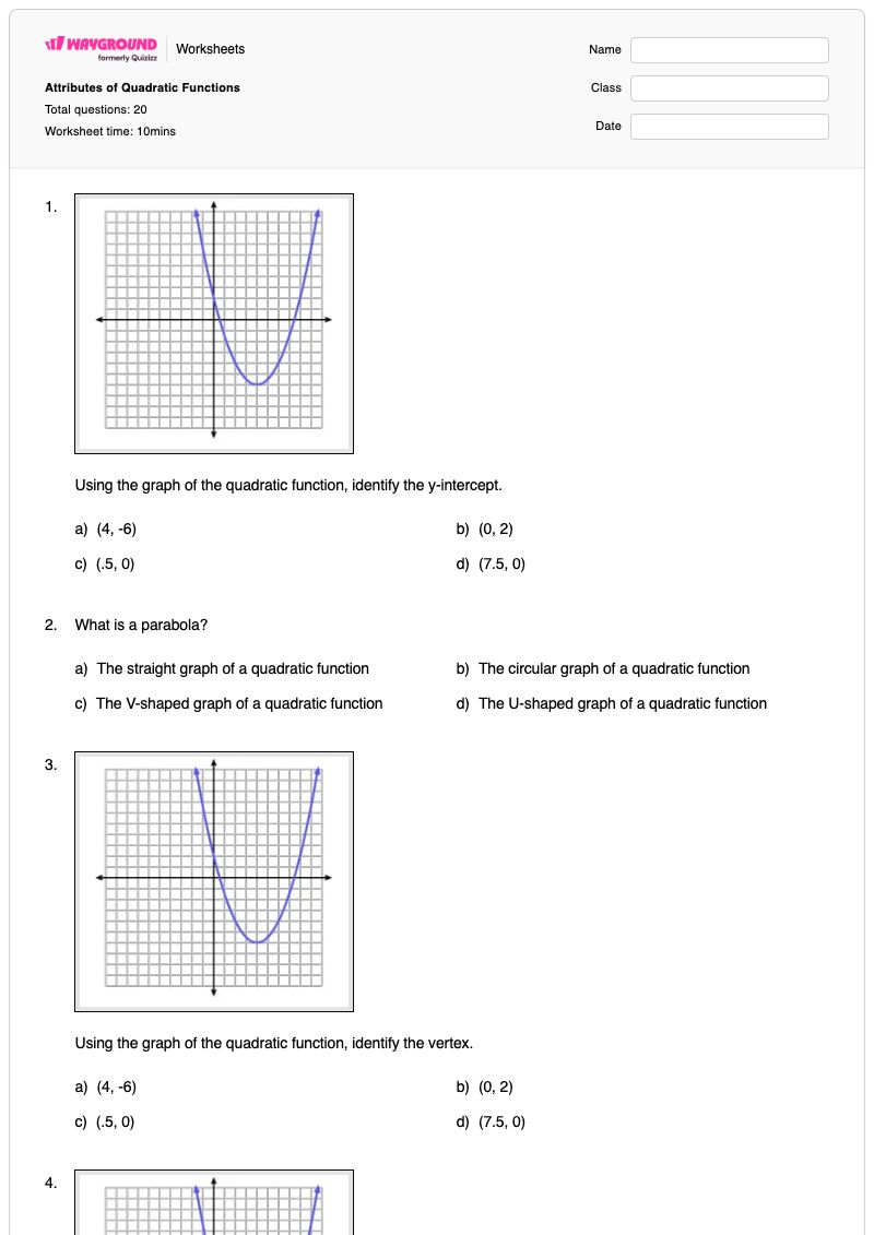Attributes of Quadratic Functions - Printable Functions Worksheets - Wayground