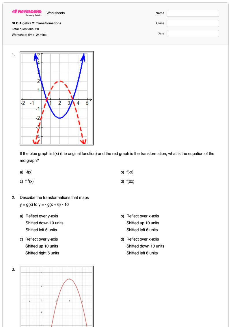 SLO Algebra 2: Transformations  - Printable Algebra-2 Worksheets - Wayground