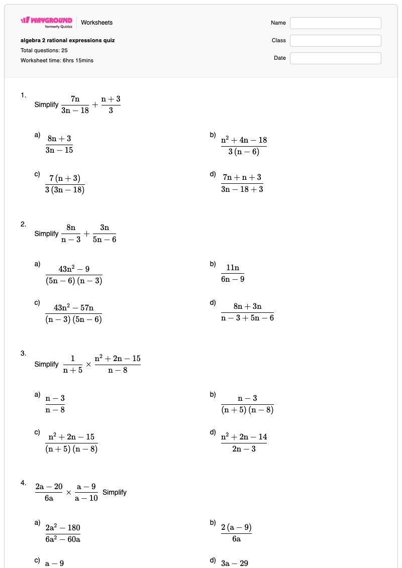 algebra 2 rational expressions quiz - Printable Algebra-2 Worksheets - Wayground
