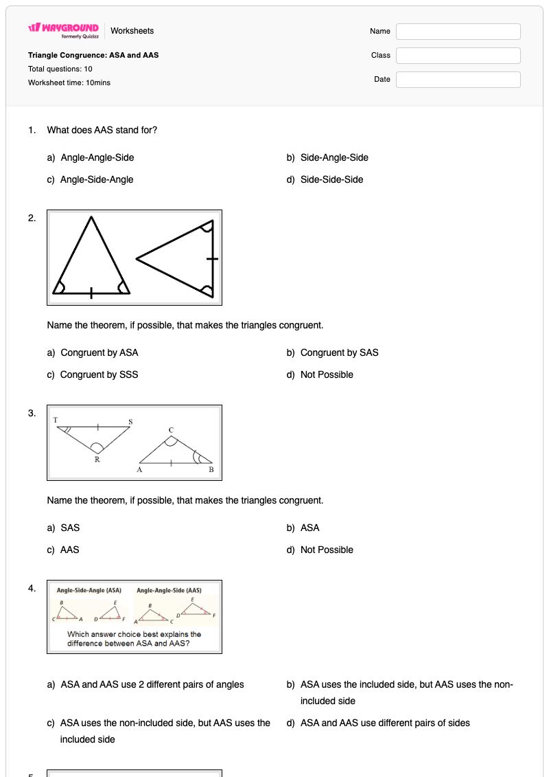 Triangle Congruence: ASA and AAS - Printable Congruence Worksheets - Wayground