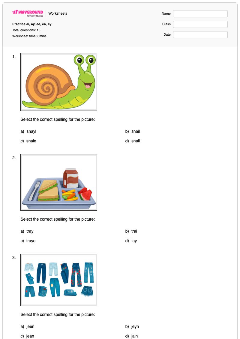 Practice ai, ay, ee, ea, ey - Printable Ea-vowel-team Worksheets Year 2 - Wayground