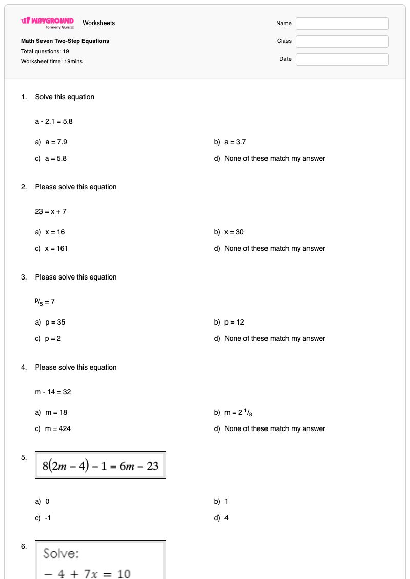 Math Seven Two-Step Equations - พิมพ์ได้ สมการสองขั้นตอน เวิร์กชีท - Wayground