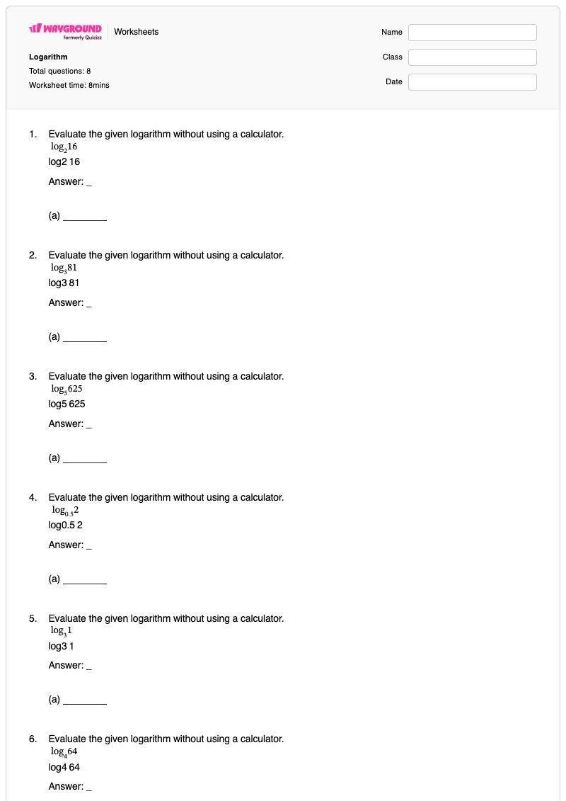 Logarithm - Printable Logarithms Worksheets - Wayground