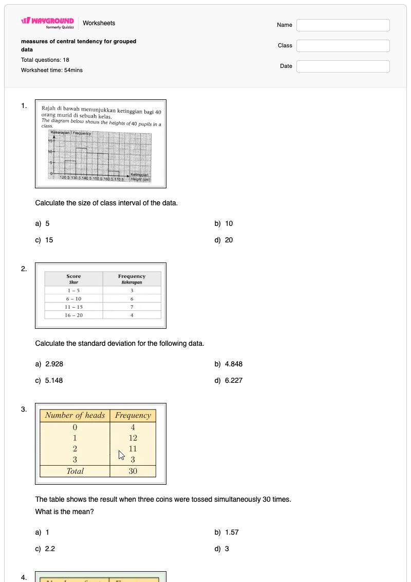 measures of central tendency for grouped data - Printable Median-of-grouped-data Worksheets - Wayground