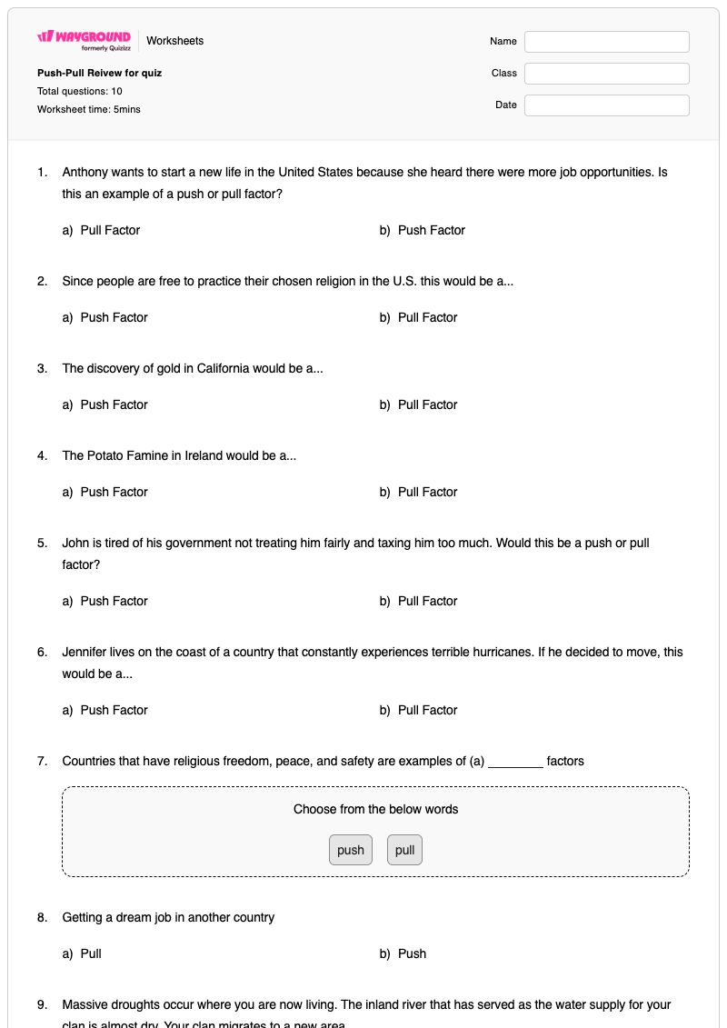 Push-Pull Reivew for quiz - Printable Ireland Worksheets Year 7 - Wayground