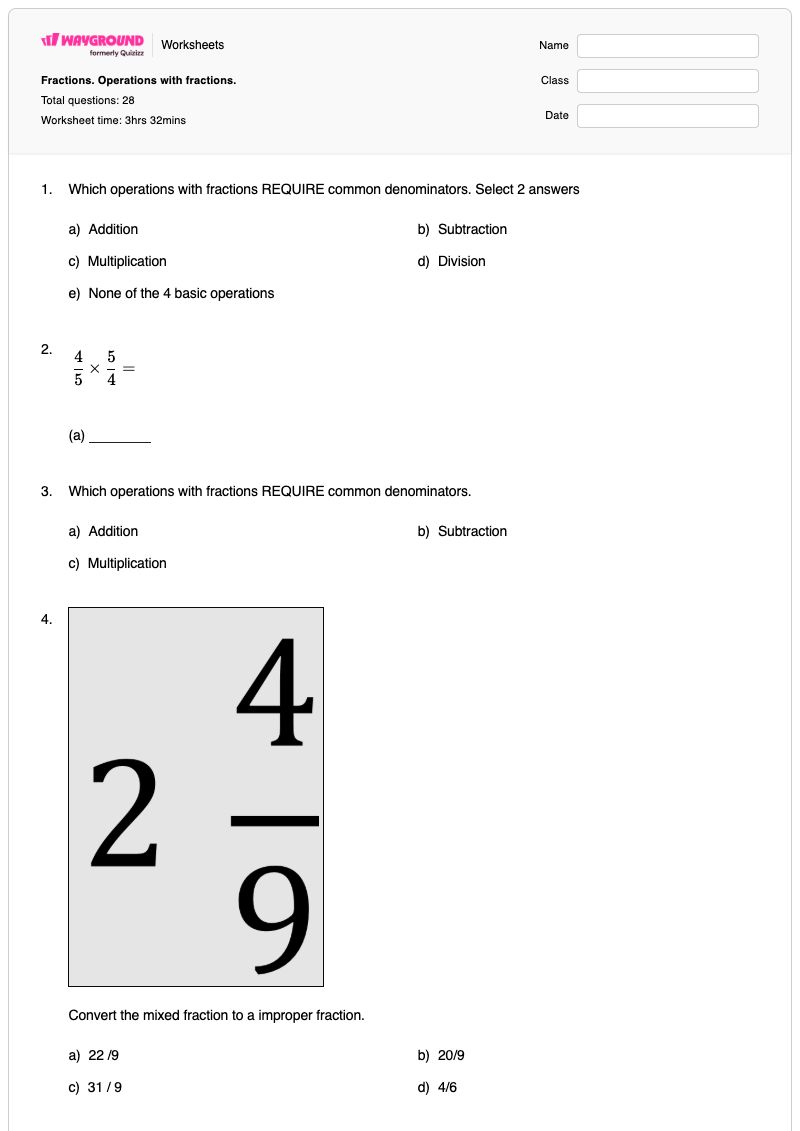 Fractions. Operations with fractions. - พิมพ์ได้ Unlike-terms เวิร์กชีท ระดับ 8 - Wayground