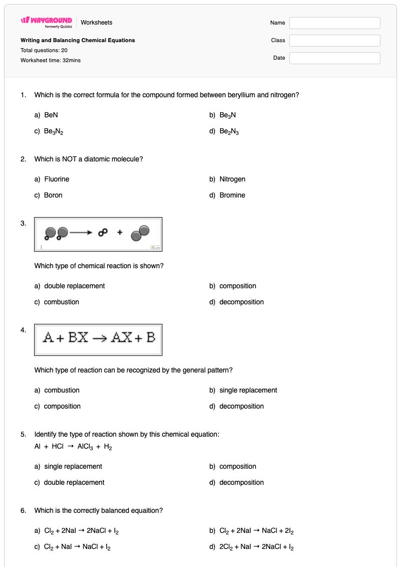 Writing and Balancing Chemical Equations - พิมพ์ได้ การปรับสมดุลสมการทางเคมี เวิร์กชีท - Wayground