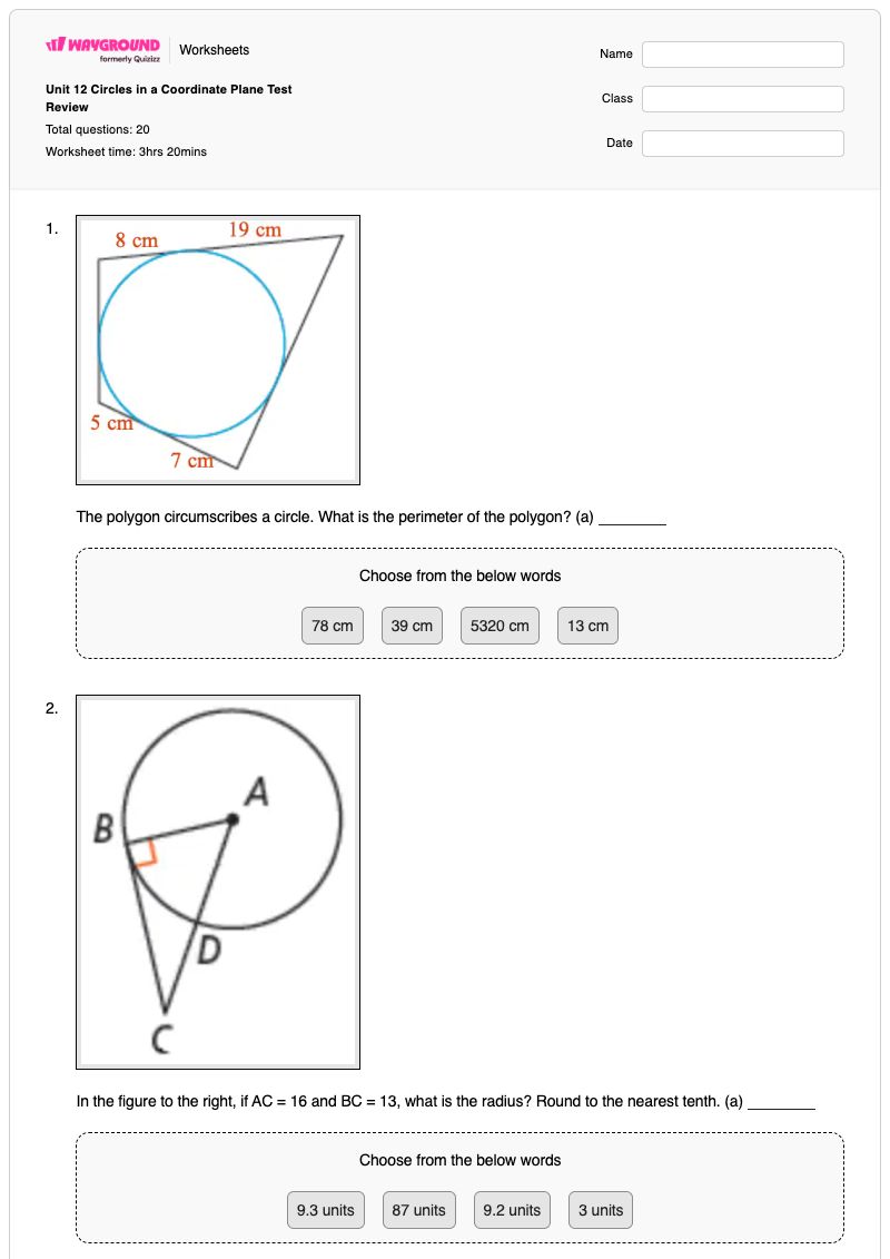Unit 12 Circles in a Coordinate Plane Test Review - Printable Polygons-in-the-coordinate-plane Worksheets Class 9 - Wayground