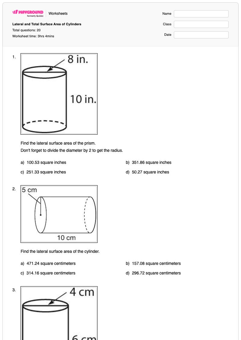 Lateral and Total Surface Area of Cylinders - พิมพ์ได้ พื้นที่ด้านข้าง เวิร์กชีท - Wayground