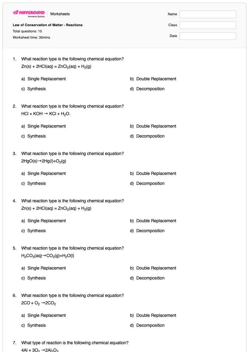Law of Conservation of Matter - Reactions - Printable Conservation-of-matter Worksheets - Wayground