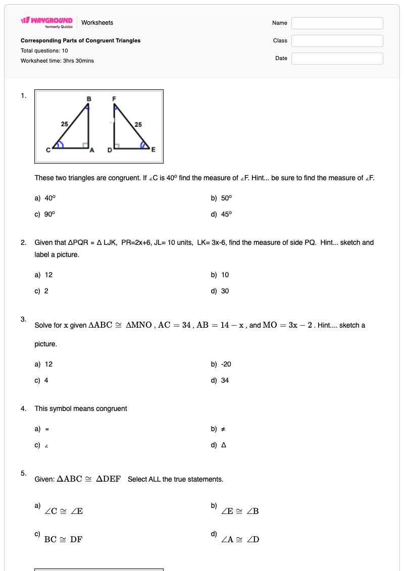 Corresponding Parts of Congruent Triangles - Printable Corresponding-parts Worksheets Year 9 - Wayground