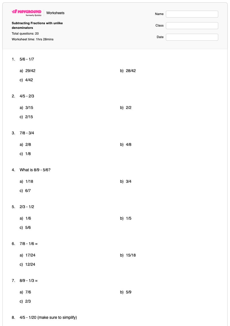 Subtracting Fractions with unlike denominators  - Printable Subtracting-fractions-with-unlike-denominators Worksheets - Wayground