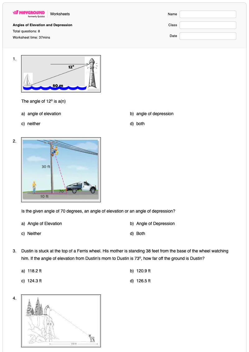 Angles of Elevation and Depression - Printable Angles Worksheets - Wayground