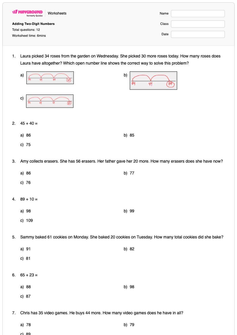 Adding Two-Digit Numbers - พิมพ์ได้ ตัวเลขสองหลัก เวิร์กชีท ระดับ 1 - Wayground