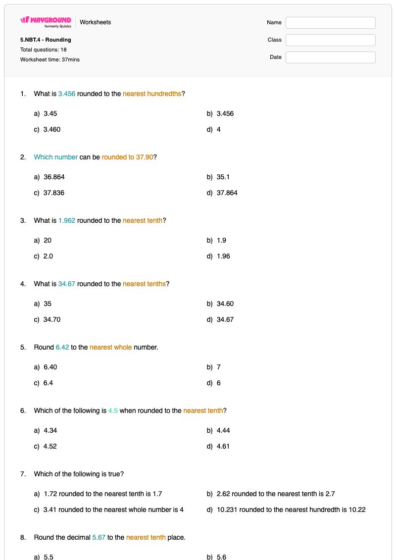 5.NBT.4 - Rounding - Printable Rounding-to-nearest-10 Worksheets Grade 5 - Wayground