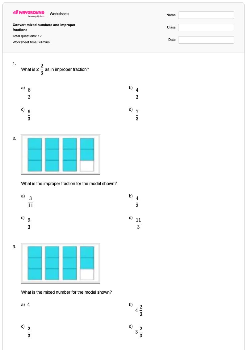 Convert mixed numbers and improper fractions - พิมพ์ได้ จำนวนคละและเศษส่วนเกิน เวิร์กชีท - Wayground
