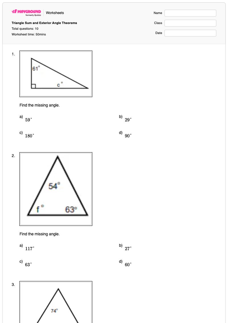 Triangle Sum and Exterior Angle Theorems - Printable Exterior-angle-theorem Worksheets Year 10 - Wayground