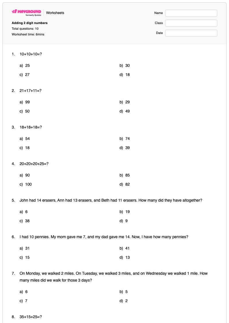 Adding 2 digit numbers - Printable Adding-2 Worksheets Kindergarten - Wayground