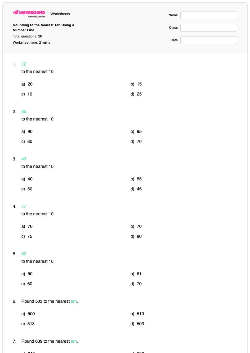 Rounding to the Nearest Ten Using a Number Line - Printable Rounding-on-a-number-line Worksheets - Wayground
