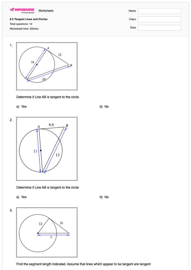 8.5 Tangent Lines and Circles - Printable Tangent-lines Worksheets - Wayground