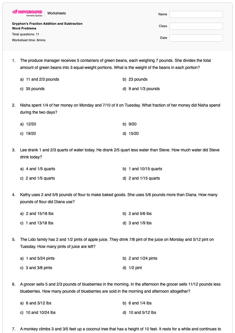 Gryphon's Fraction Addition and Subtraction Word Problems - พิมพ์ได้ โจทย์ปัญหาเกี่ยวกับการลบ เวิร์กชีท - Wayground