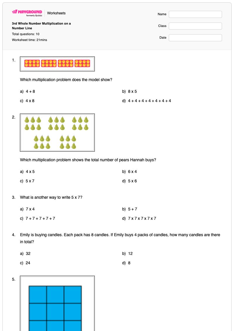 3rd Whole Number Multiplication on a Number Line - Printable Multiplication Worksheets - Wayground