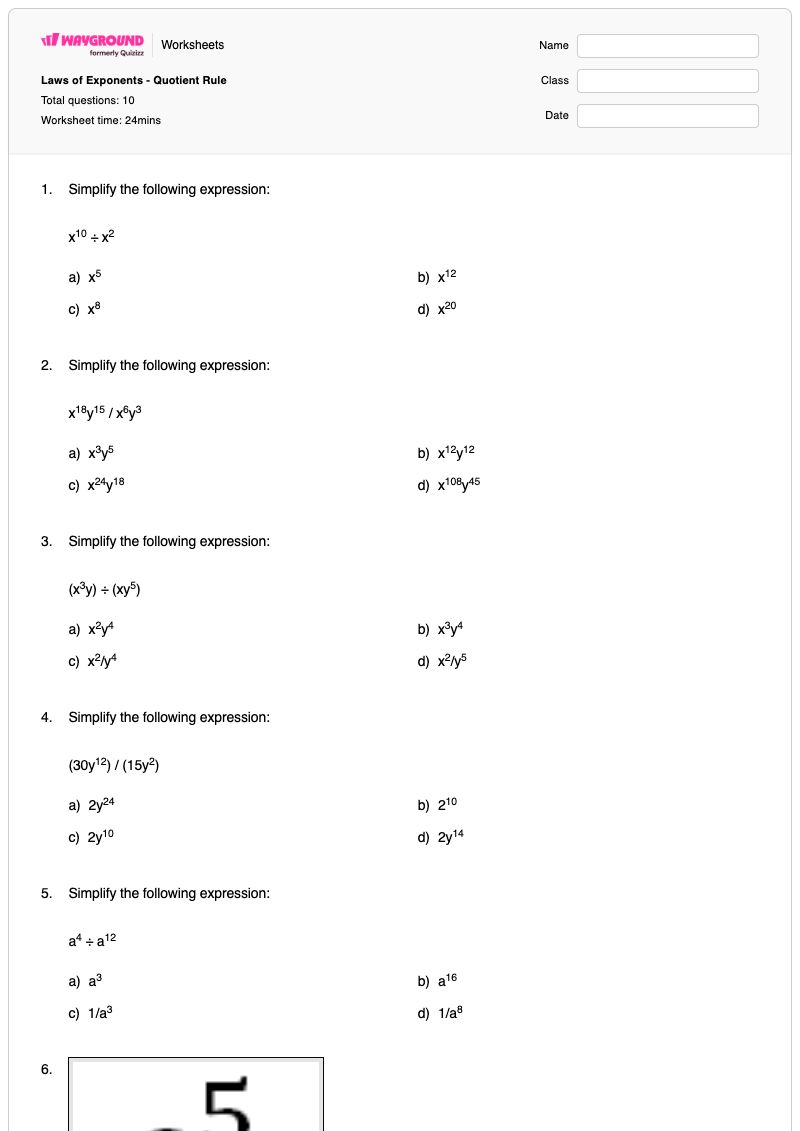 Laws of Exponents - Quotient Rule - Printable Quotient-rule Worksheets Year 10 - Wayground