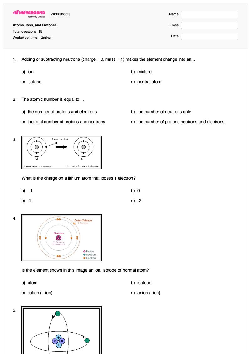 Atoms, Ions, and Isotopes - พิมพ์ได้ Ions-and-atoms เวิร์กชีท - Wayground