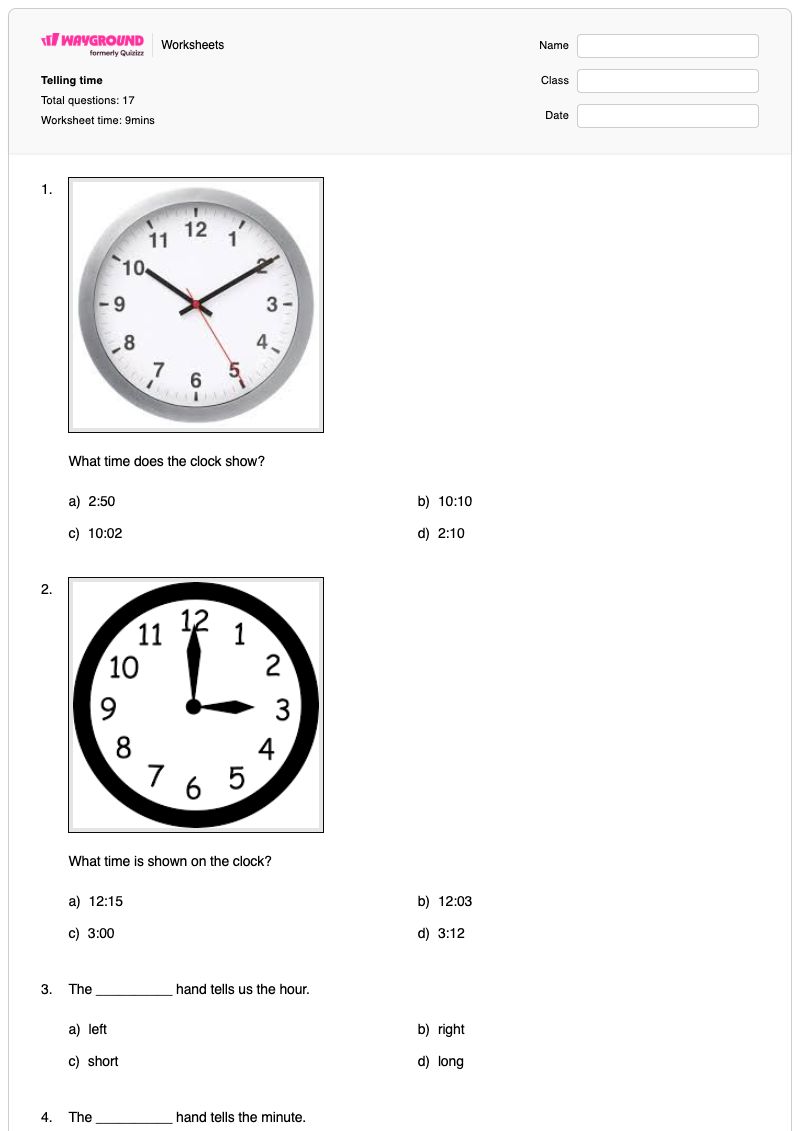Telling time - Printable Time Worksheets - Wayground