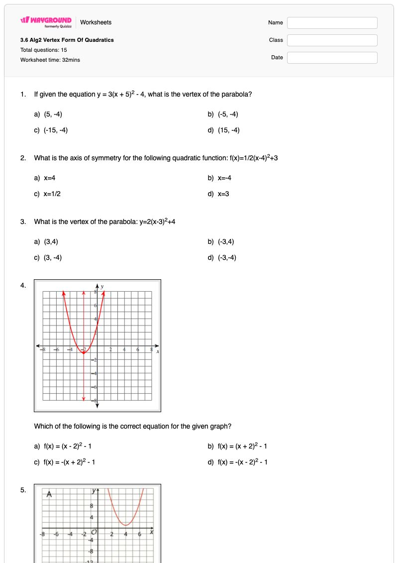 3.6 Alg2 Vertex Form Of Quadratics - พิมพ์ได้ Vertex-form เวิร์กชีท - Wayground