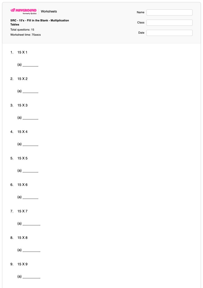SRC - 15's - Fill in the Blank - Multiplication Tables - Printable Multiplication Worksheets - Wayground
