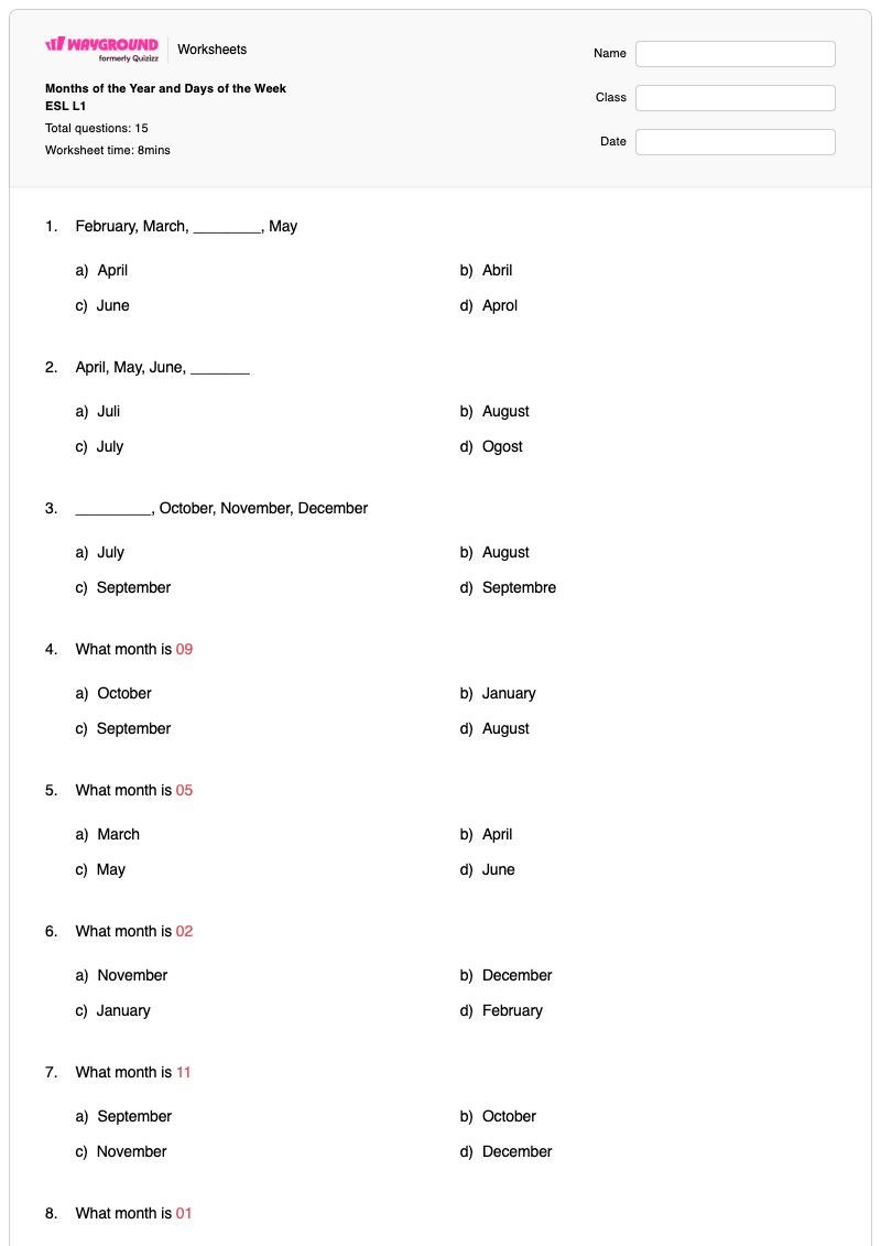 Months of the Year and Days of the Week ESL L1 - Printable Days-of-the-week Worksheets - Wayground