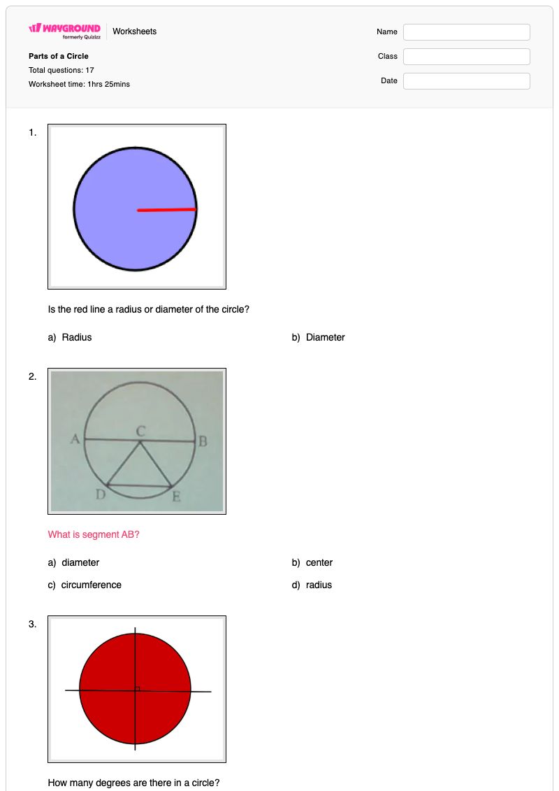 Parts of a Circle - พิมพ์ได้ ส่วนต่างๆ-ของวงกลม เวิร์กชีท ระดับ 10 - Wayground