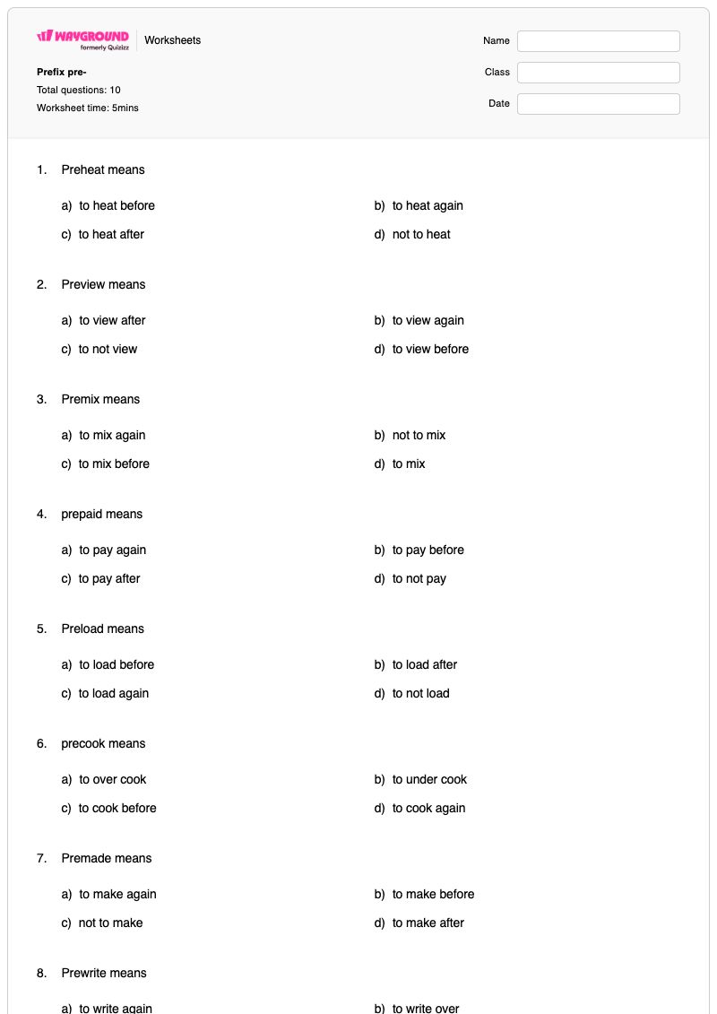 Prefix pre- - Printable Calculus Worksheets - Wayground
