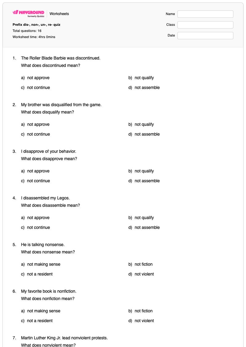 Prefix dis-, non-, un-, re- quiz - Printable Prefix-dis Worksheets Kindergarten - Wayground
