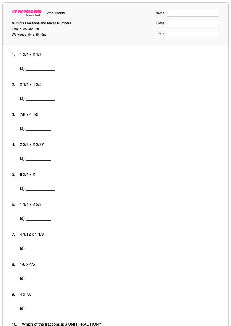 Multiply Fractions and Mixed Numbers - พิมพ์ได้ Multiplying-whole-numbers-and-mixed-numbers เวิร์กชีท ระดับ 5 - Wayground
