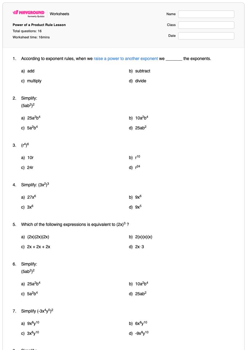 Power of a Product Rule Lesson - Printable Product-of-powers Worksheets - Wayground