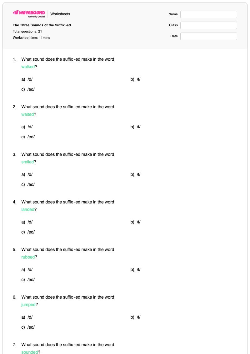 The Three Sounds of the Suffix -ed - Printable Suffix-ed Worksheets Year 1 - Wayground
