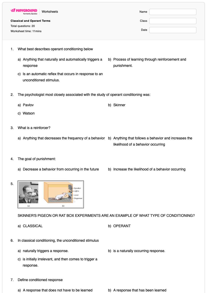 Classical and Operant Terms - พิมพ์ได้ การรับรู้สิ่งกระตุ้น เวิร์กชีท ระดับ 12 - Wayground