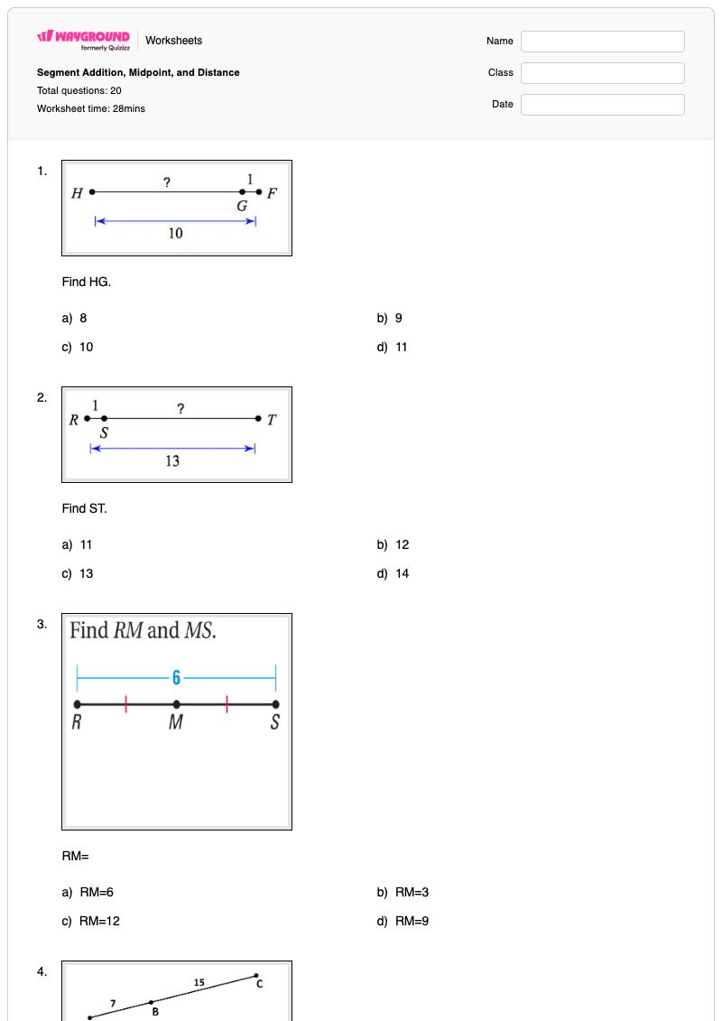 Segment Addition, Midpoint, and Distance - พิมพ์ได้ Distance-and-midpoint เวิร์กชีท - Wayground